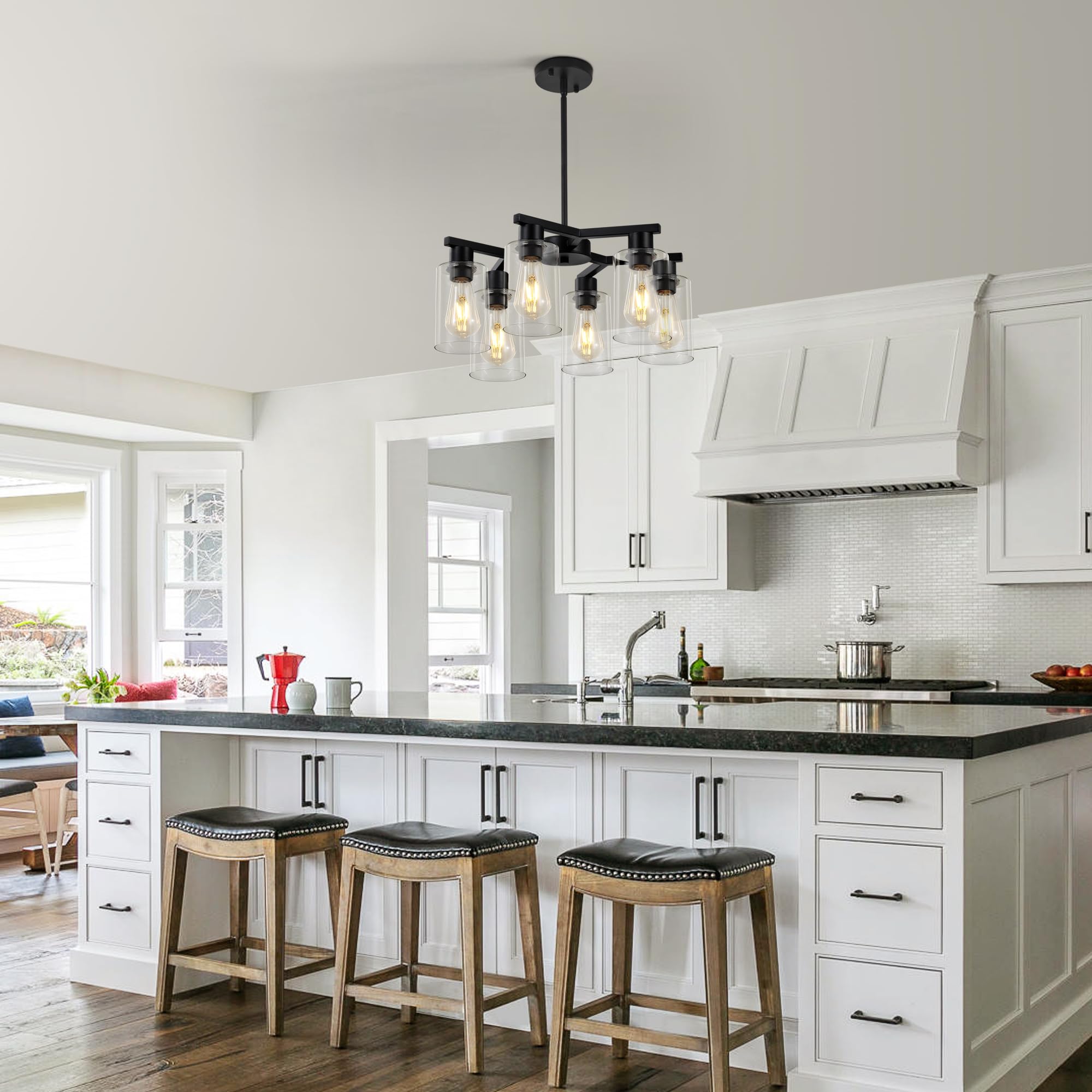 6-Light Black Modern Farmhouse Chandelier for Dining Room Ceiling Light Fixture