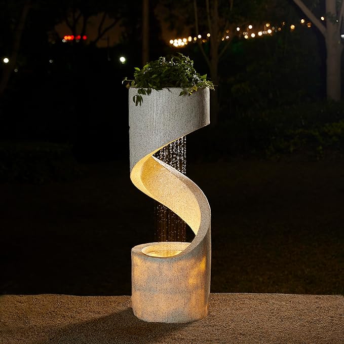 Tiered Outdoor Water Fountain with LED Light, Curved Outdoor Fountain Waterfal