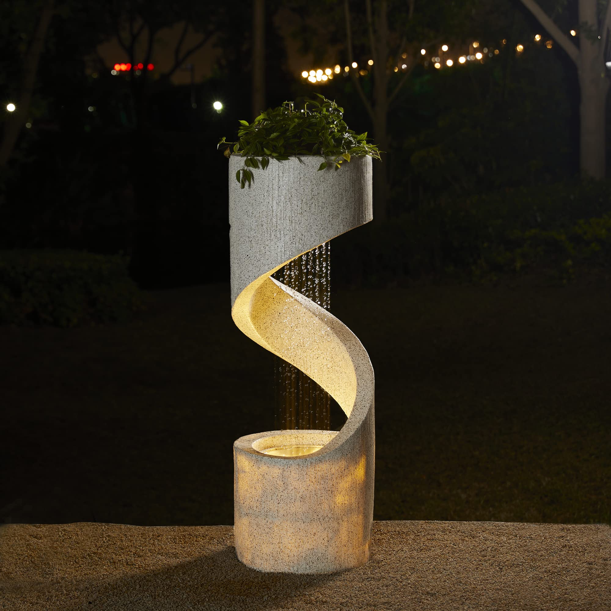 Decorative Tiered Outdoor Water Fountain with LED Light Vintage Curved