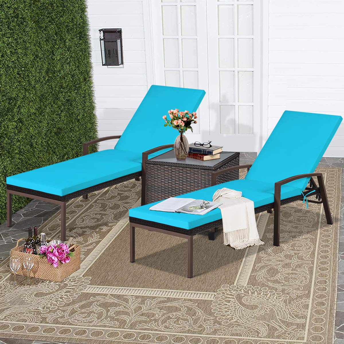 2PCS Rattan Lounge Chair Outdoor, Patio Wicker Chaise Lounge