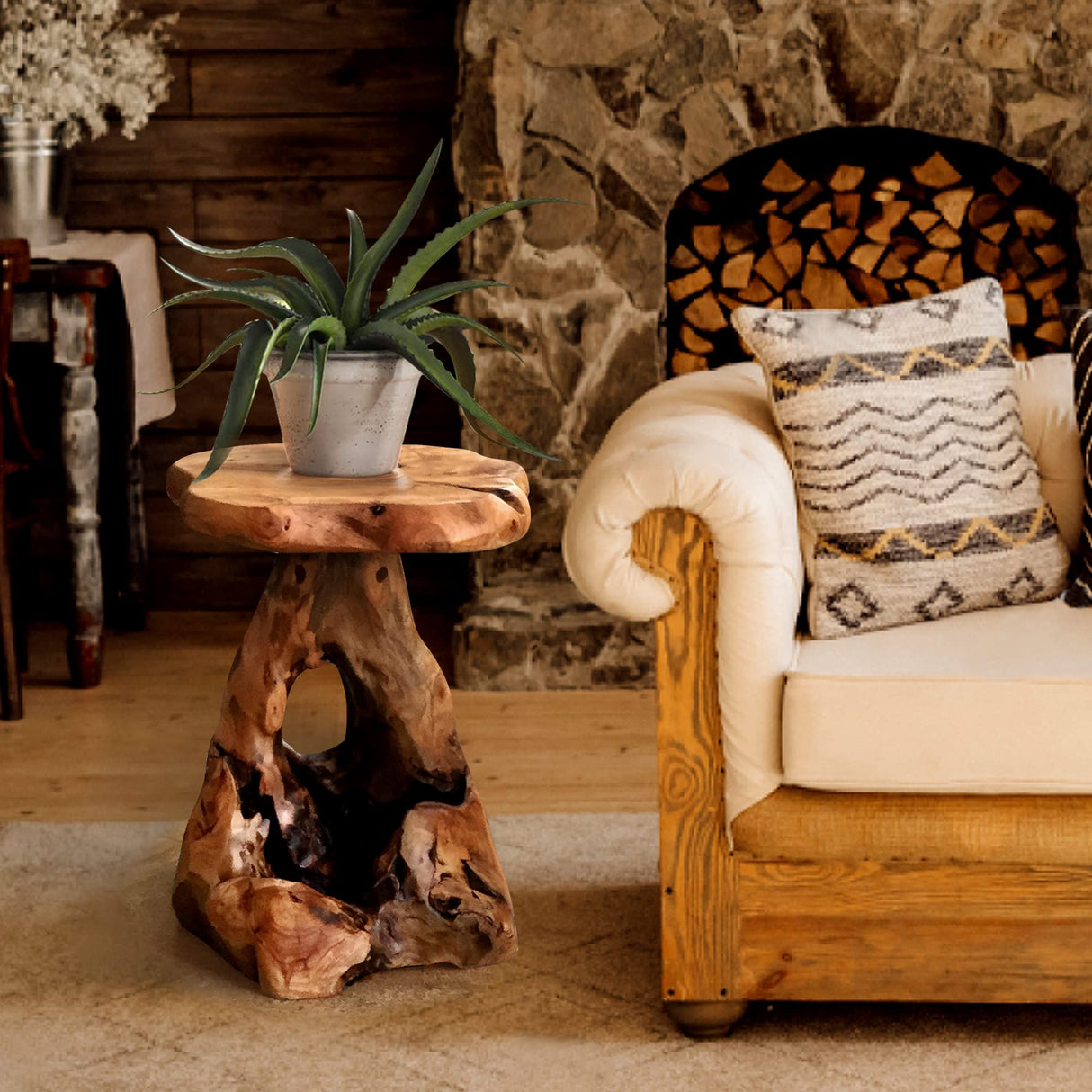 Tree Stump End Table Live Edge Plant Stand 14"x13"x18"H Solid Cedar Wood Outdoor Rustic