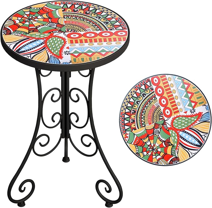 Mosaic Outdoor Side Table, Patio Side Table, Weather Resistant 14" Diameter 21" H Ceramic