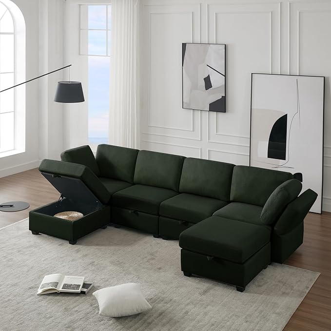 4 Seat U-Shape Linen Couch with 2 Reversible Storage Chaise