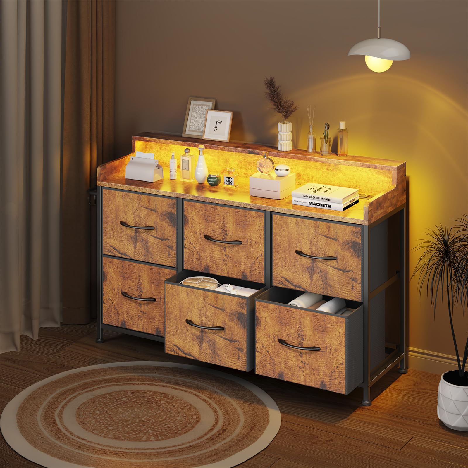 Dresser for Bedroom with 6 Drawers, LED TV Stand Dresser with Charging Station, Chest
