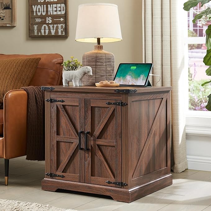 Farmhouse End Table with Charging Station,24" Large Sofa Side Table