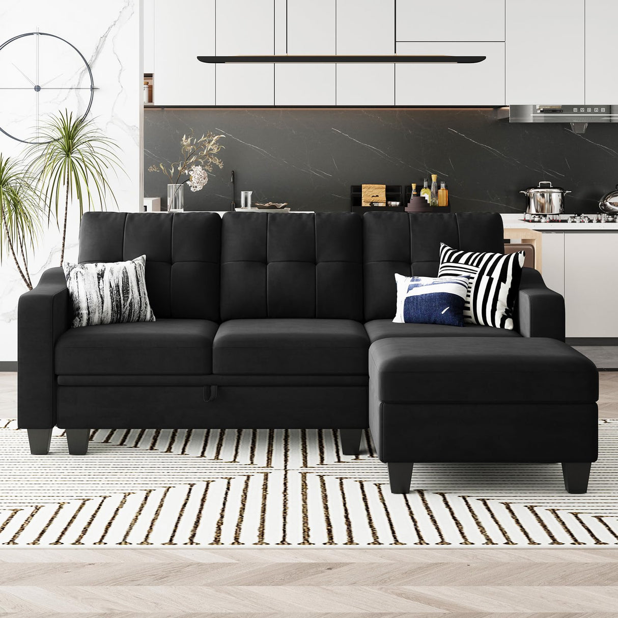 Velvet Sectional Couch with Storage, L Shaped Sofa with Chaise for Small Space, Black