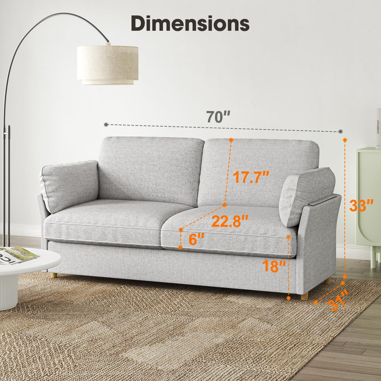 Loveseat Sofa Couch, 70" Grey Couch, Modern Comfy Couch with Deep Seat Cushion,