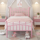 Twin Bed Frame with Crown-Shaped Headboard, Princess Bed for Kids/Girls, Heavy Duty Metal Platform Bed with Iron-Art Headboard and Footboard, No Box Spring Needed, Easy Assembly, Pink