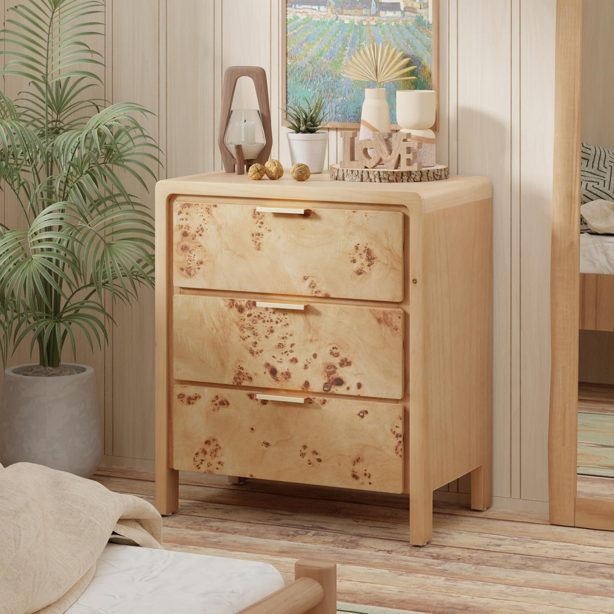Fully Assembled Farmhouse 3-Drawer Nightstand, Set of 2，Distressed Wood Retro