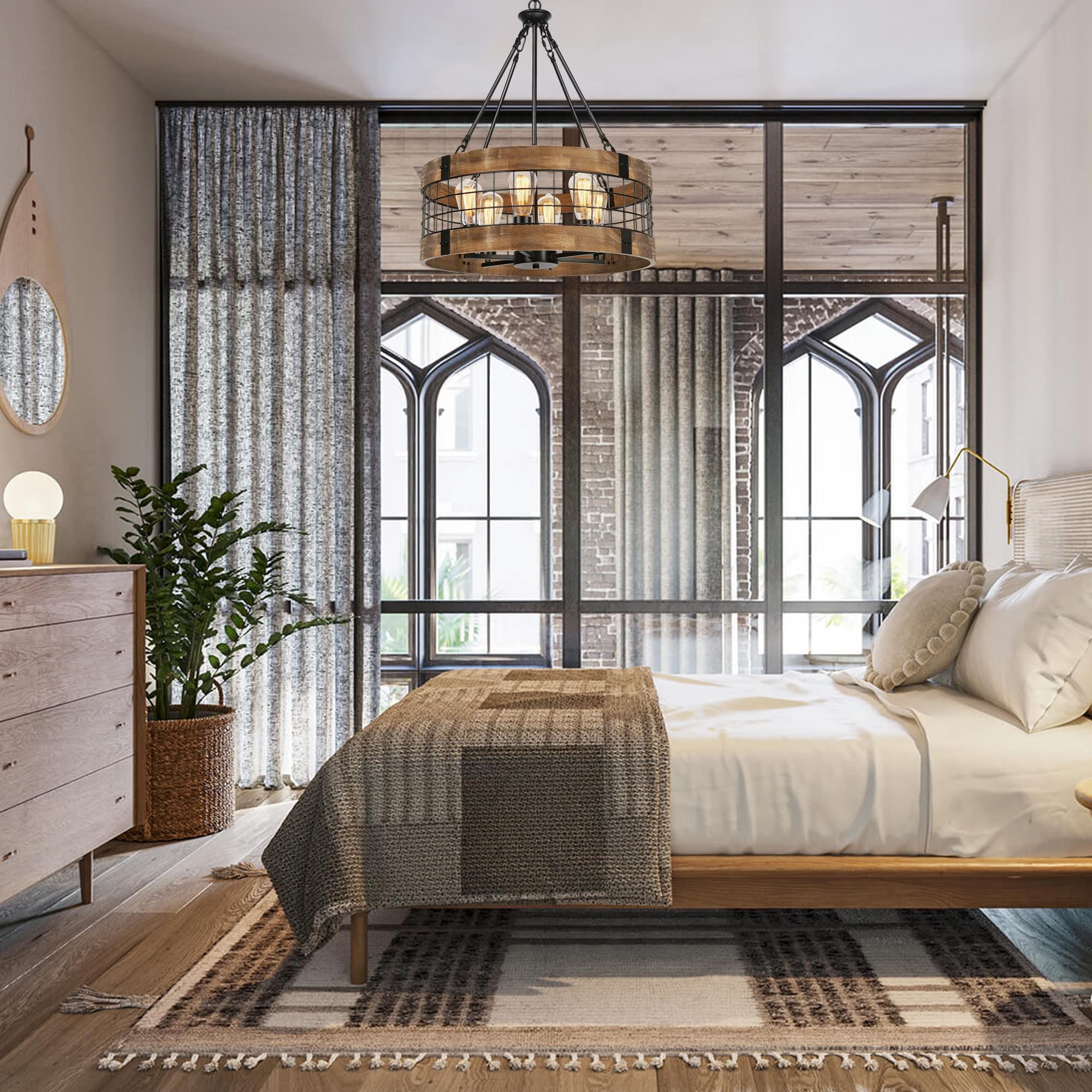 6-Light Farmhouse Wood Chandelier for Dining Room, Rustic Foyer Light Fixtures