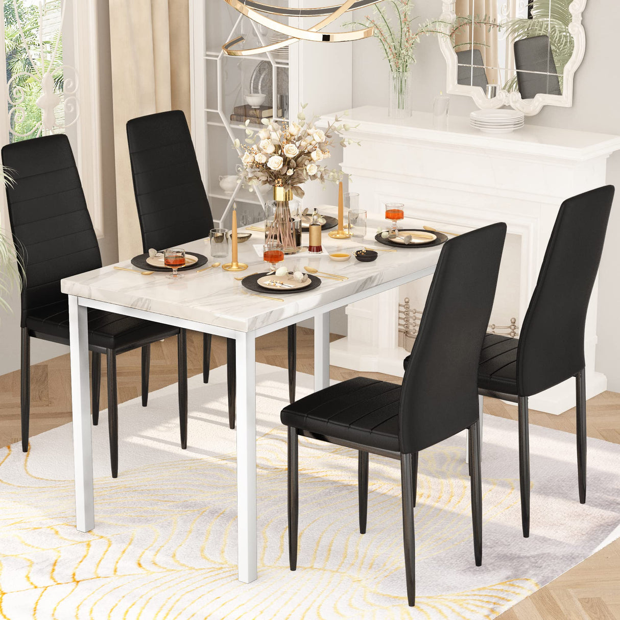 Dinning Table Sets for 4, 5 Piece Dining Room Table Set with PU Leather Chairs