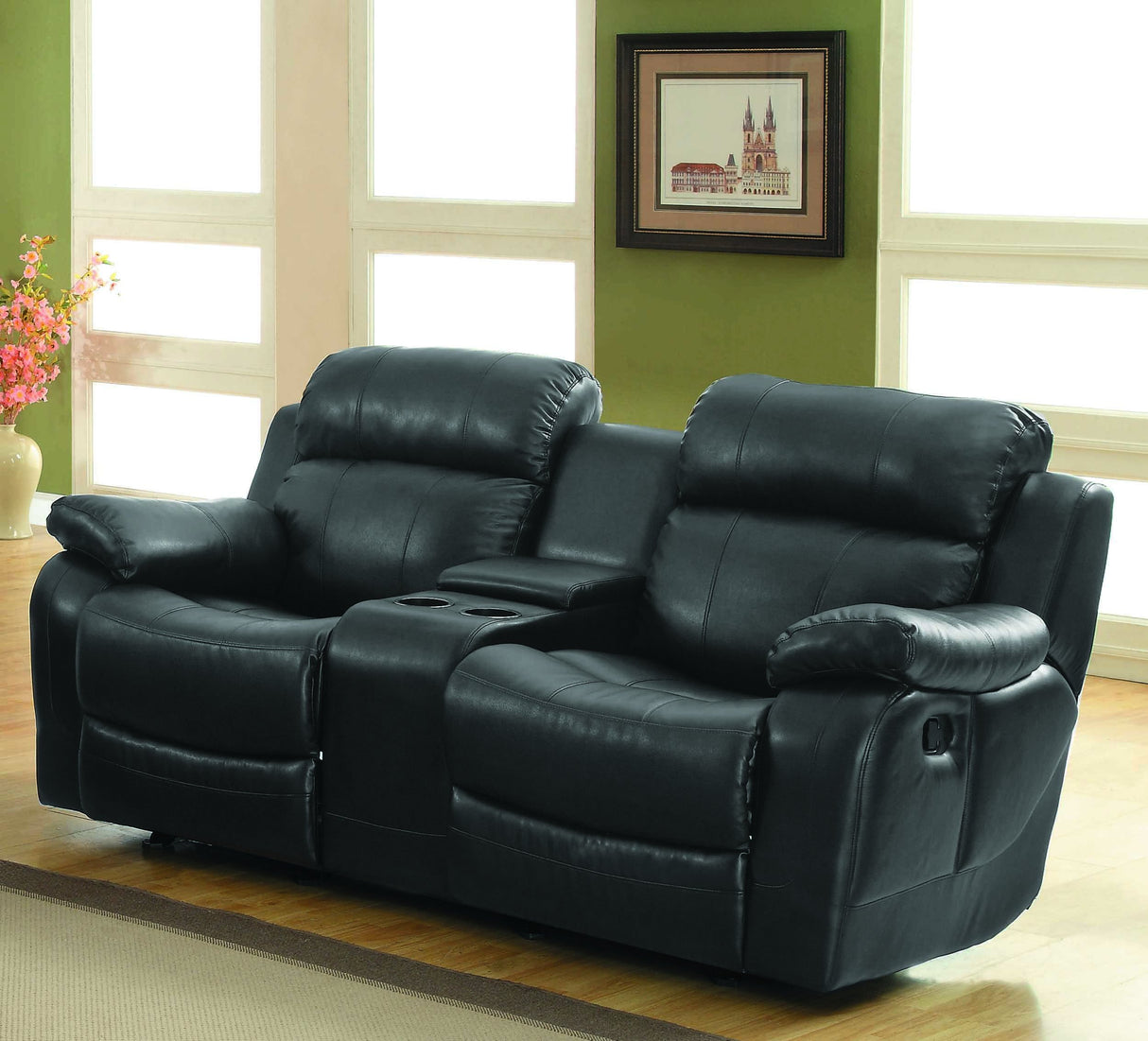 Reclining Loveseat w/ Center Console Cup Holder, Black Bonded Leather