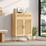 Accent Floor Storage Cabinet with Rattan Doors, Bathroom Cabinet with Large Drawer, Freestanding Storage Cabinet Organizer, Natural BMGZ107M