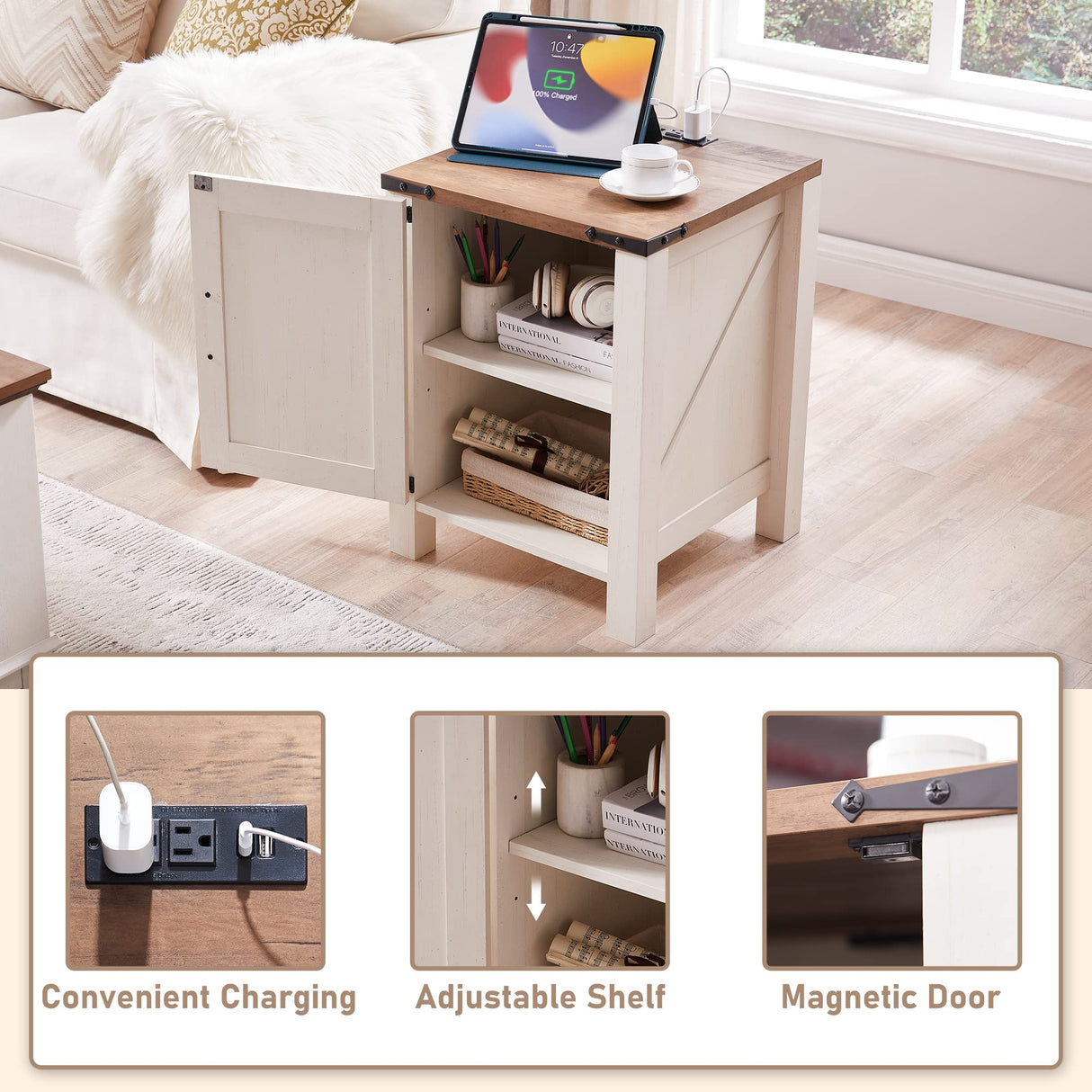 Nightstand with Charging Station, 18 Inch Farmhouse End Table