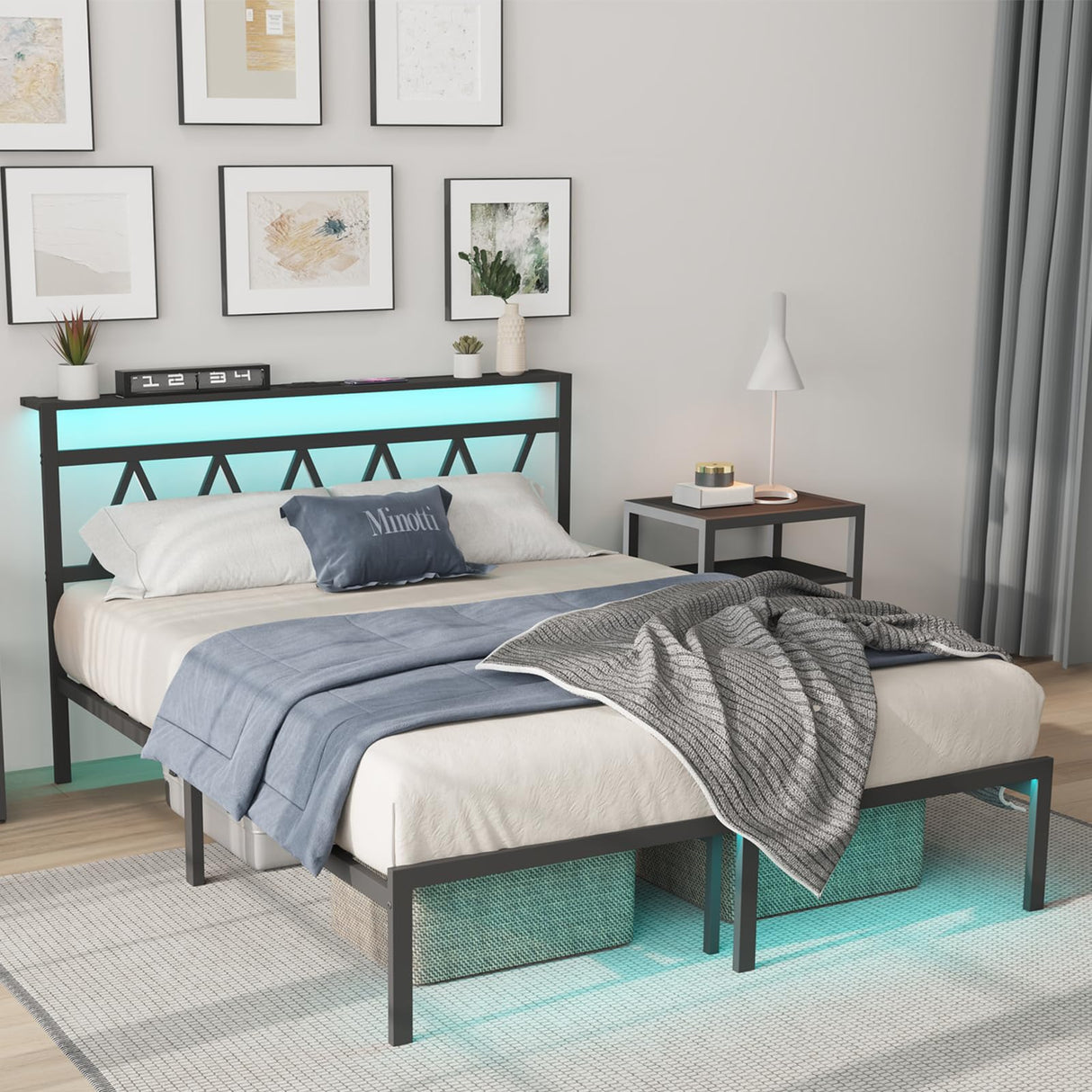 Full Bed Frame with Smart LED Lights, Storage Headboard and USB Charging Station