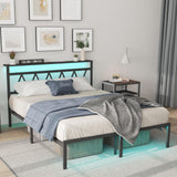 Full Bed Frame with Smart LED Lights, Storage Headboard and USB Charging Station