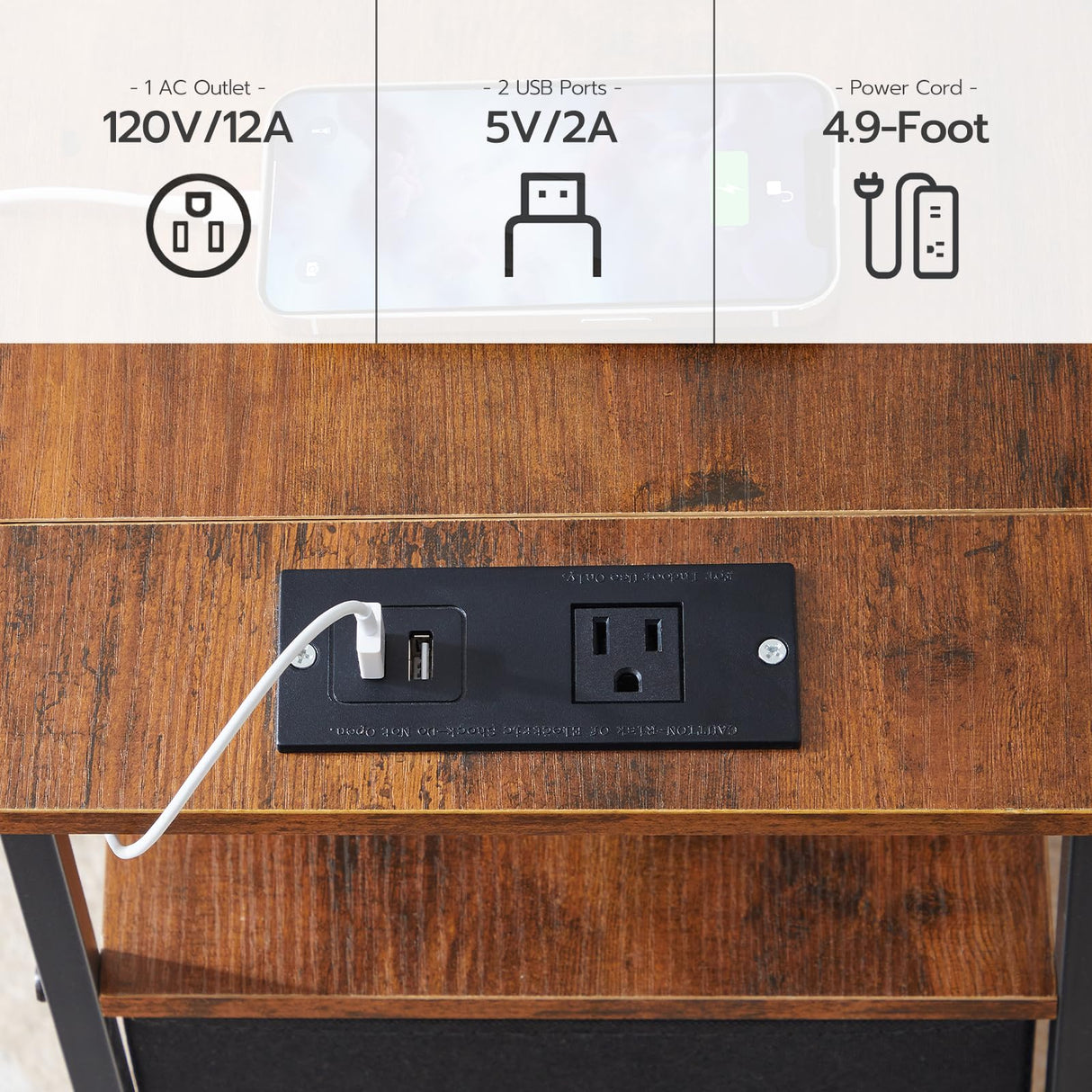 End Table with Charging Station, Narrow Side Table,