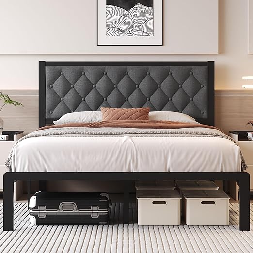 Queen Bed Frame with Headboard PU Leather Upholstered Bed Frame Platform,All Metal