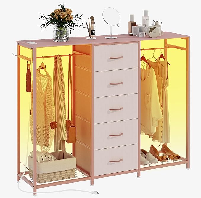 Dresser for Bedroom with Clothes Rack 5 Drawer Dresser with Charging Station LED Lights White Chest of Drawers Flexible Shelf and Open Storage