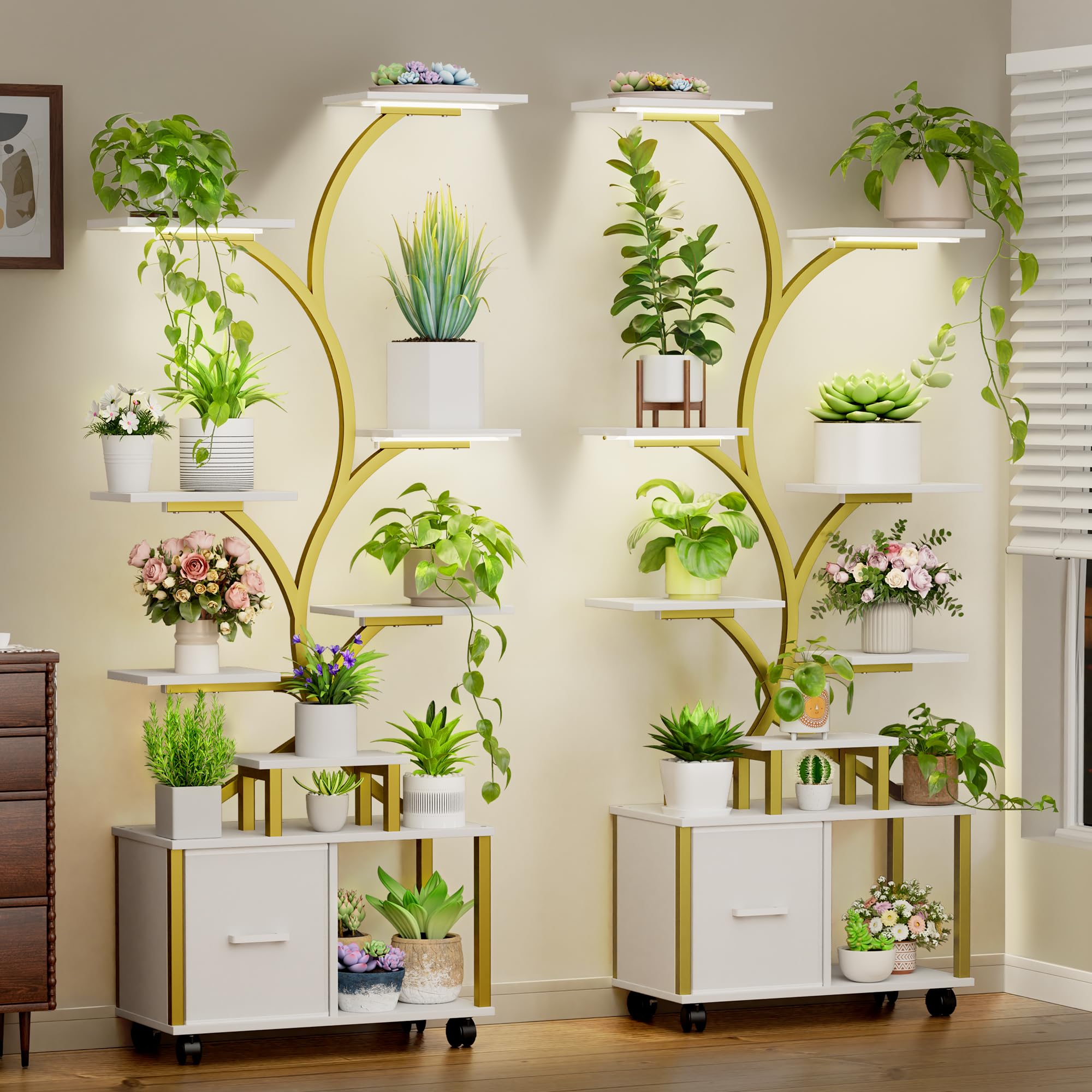 Gold Plant Stand Indoor with Grow Light, 9 Tiered Indoor Plant Shelf with Wheels
