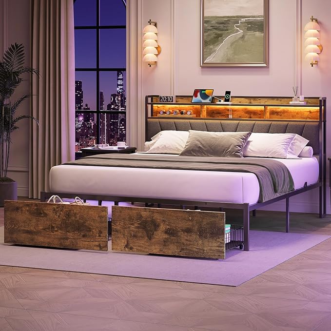 Queen Bed Frames, Metal Bed Frames with Charging Station, LED Lights Bed Frames