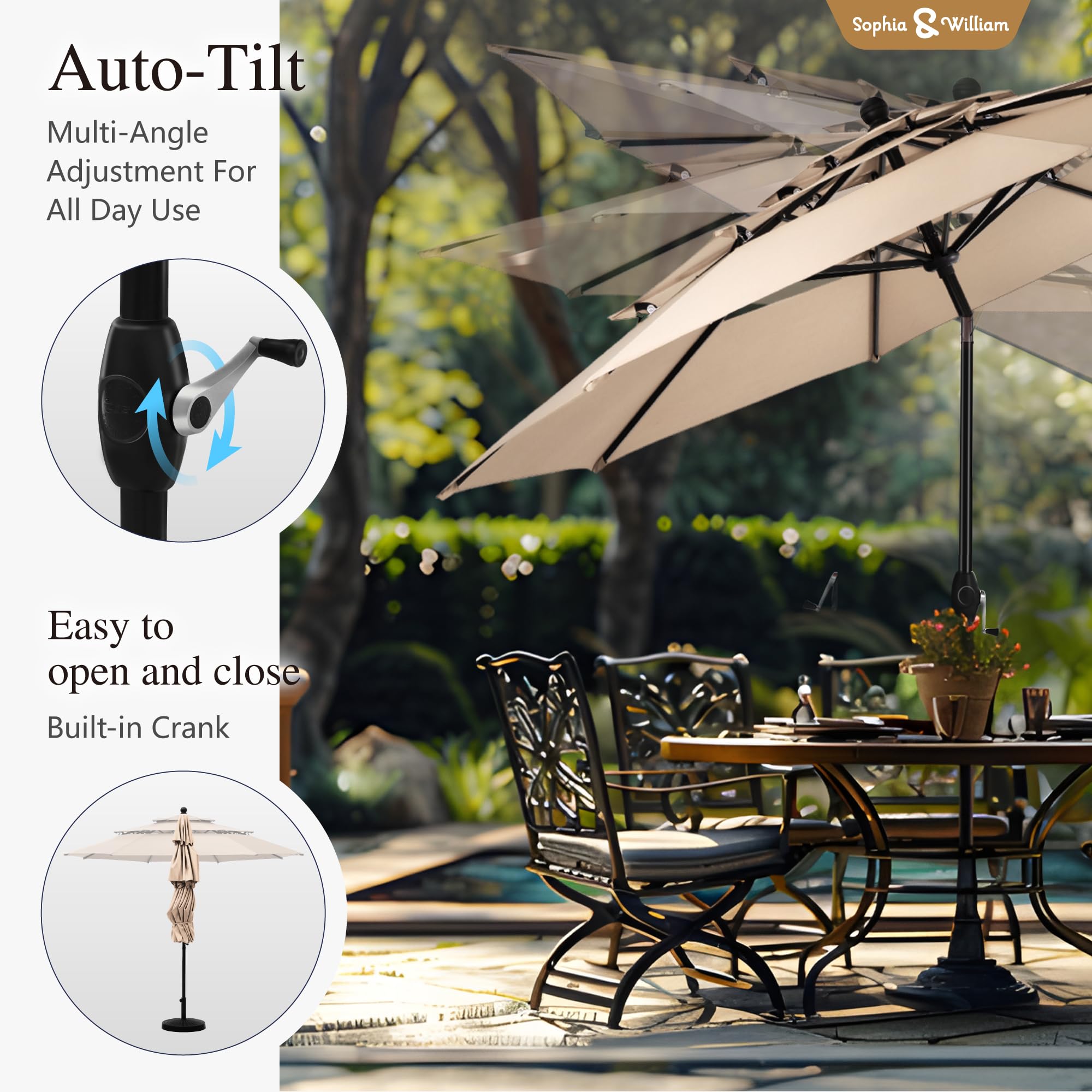 Sophia & William 10ft 3 Tier Auto-tilt Patio Umbrella, Outdoor Double Vented Umbrella with Crank, Beige