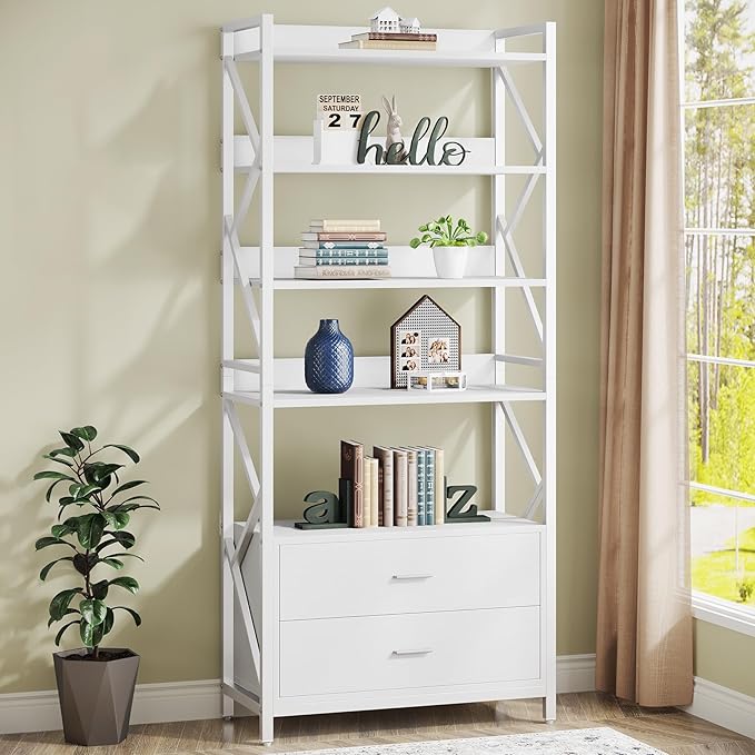 Bookshelf with Drawers, 70.8" Industrial Bookcase with 2 Drawers, 5 Shelf Open Shelf