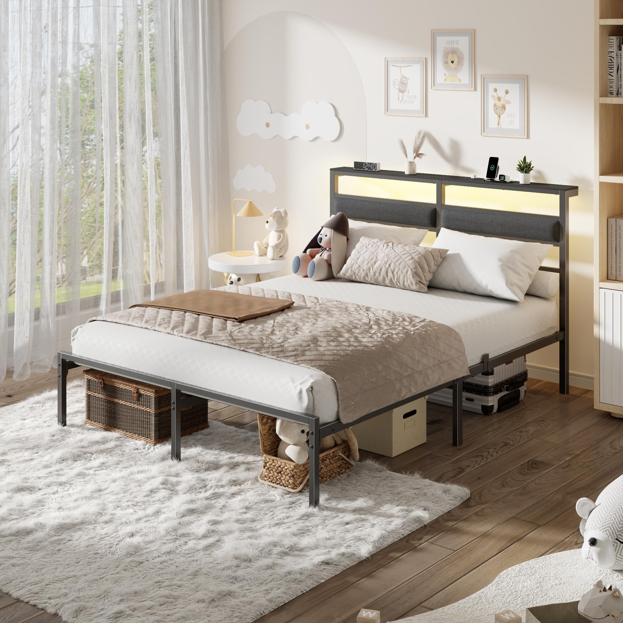 Full Size Metal Bed Frame with RGB LED Lighting & Charging Station