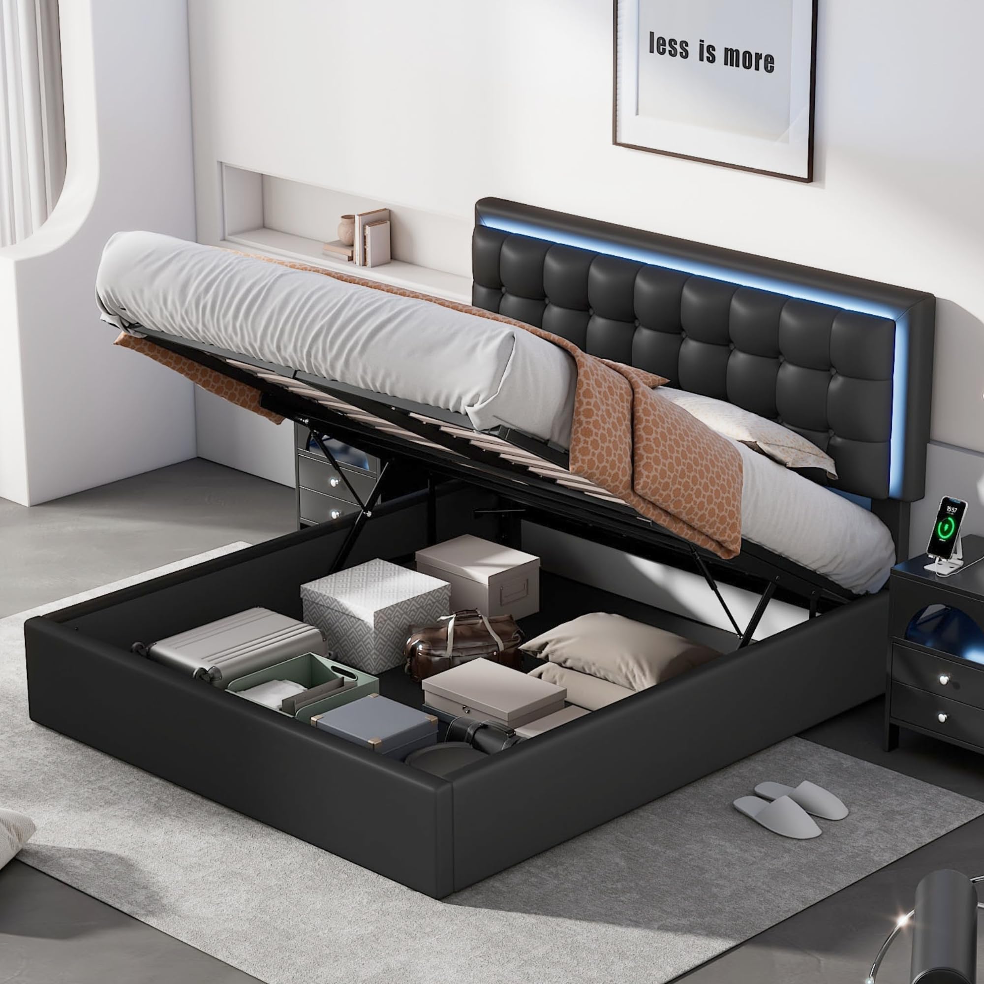 Queen Bed with Storage, LED Lights,Modern Tufted Upholstered Platform Bed