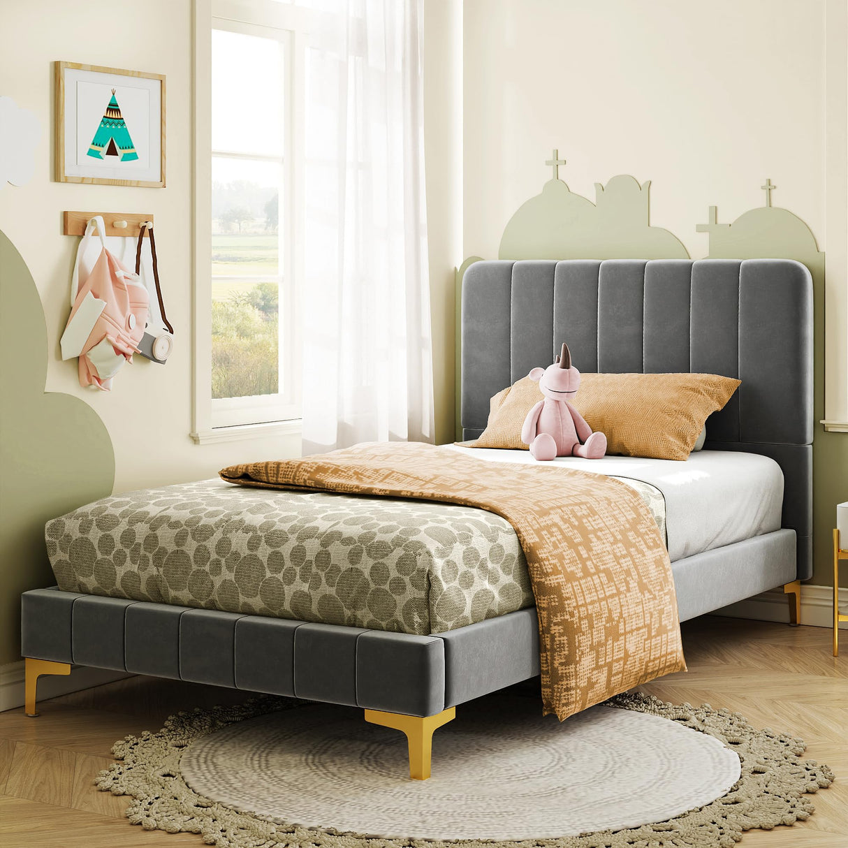 Twin Bed Frames, Modern Velvet Upholstered Platform Bed with Headboard, Soft Rounded