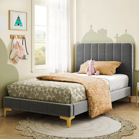 Twin Bed Frames, Modern Velvet Upholstered Platform Bed with Headboard, Soft Rounded