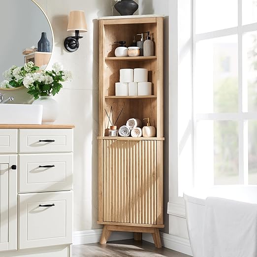 68" Tall Corner Cabinet, Modern Fluted Storage Cabinet with Faux Marble Top & Adjustable