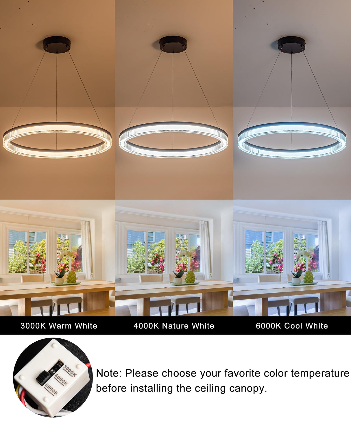 Modern Black Led Pendant Light,36W Dimmable LED Chandelier Lighting Fixture, 1 Ring