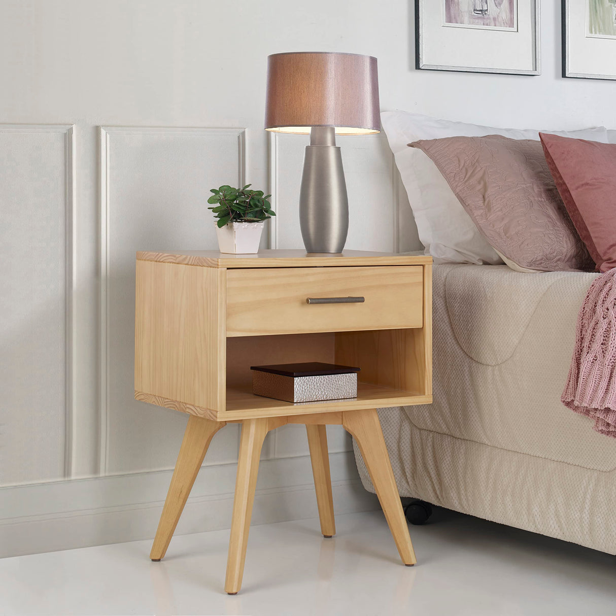 Century Modern One Drawer Nightstand/Constructed of Solid Wood/Oak Finish