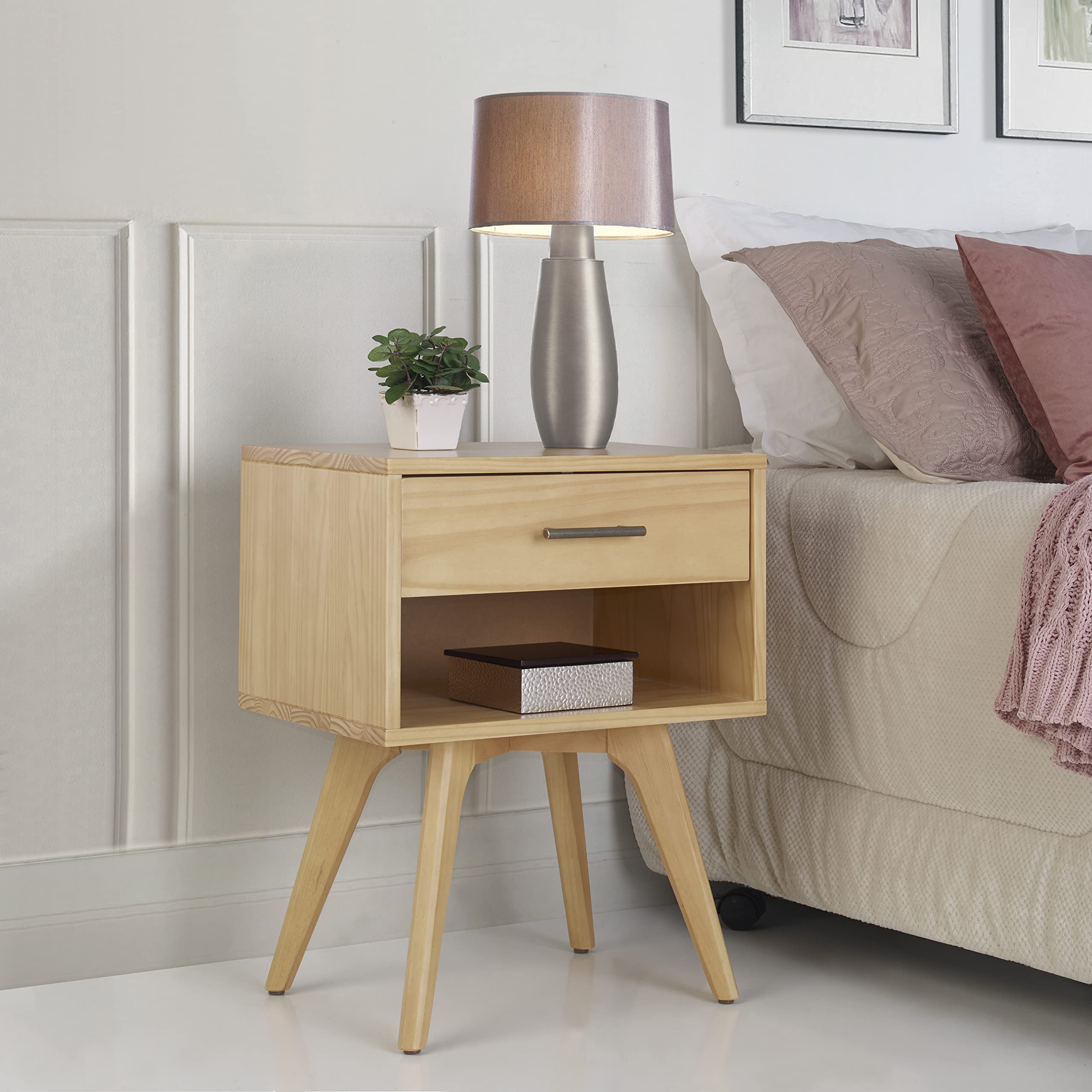 Century Modern One Drawer Nightstand/Constructed of Solid Wood/Oak Finish