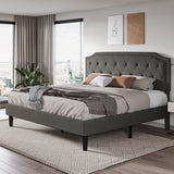 King Size Platform Bed Frame with Adjustable Diamond-Tufted Headboard,