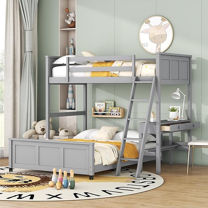 Twin Over Full Bunk Beds with Desk and Drawers, Wood Twin Size Loft Bed