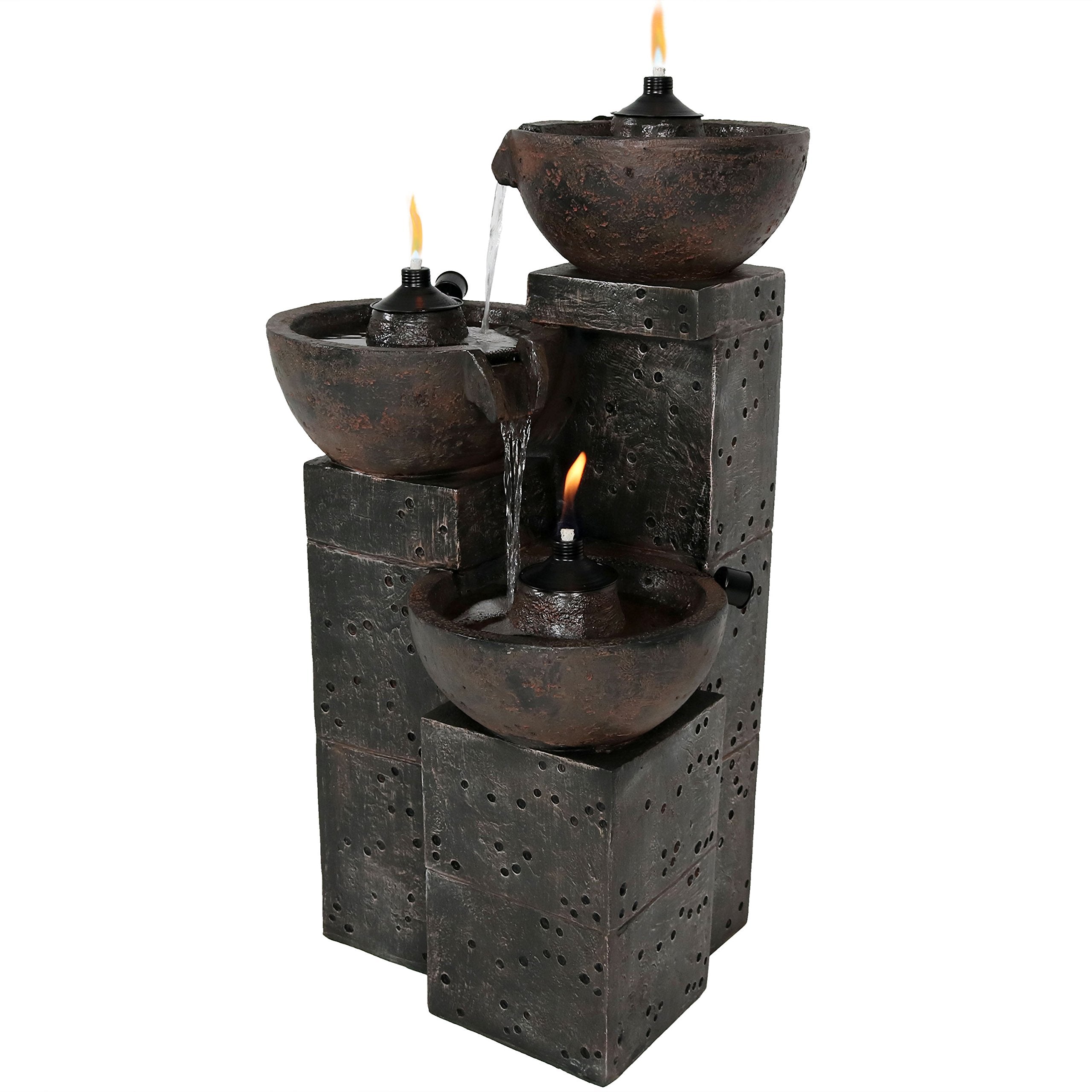 Sunnydaze Burning Bowls 34-Inch 3-Tier Outdoor Water Fountain and Fire Feature - 3 Torches - Electric Submersible Pump