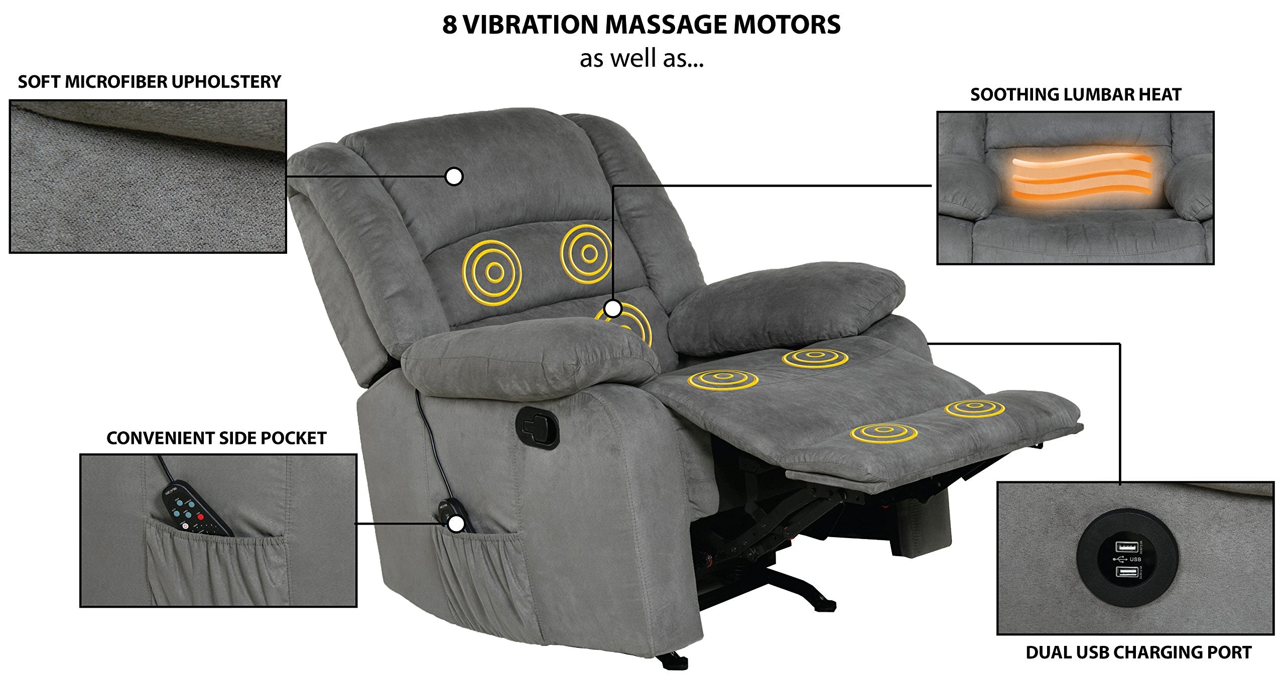 Relaxzen Massage Recliner Chair – Heat, USB, & Remote-Controlled Vibration