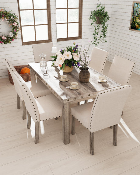 7 Piece Rustic Wooden Dining Set, Mid-Century Modern Table & Chair Set