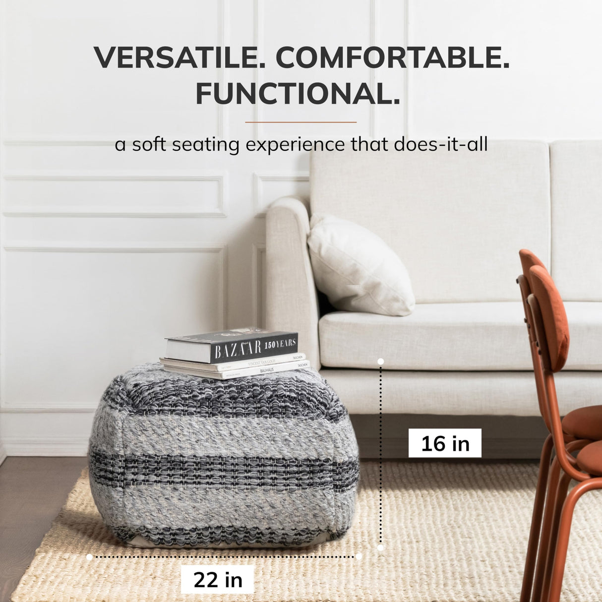 Square Pouf , 24" x 24" x 17", Gray