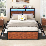 Queen Size Bed Frame with 12 Storage Drawers and LED Headboard