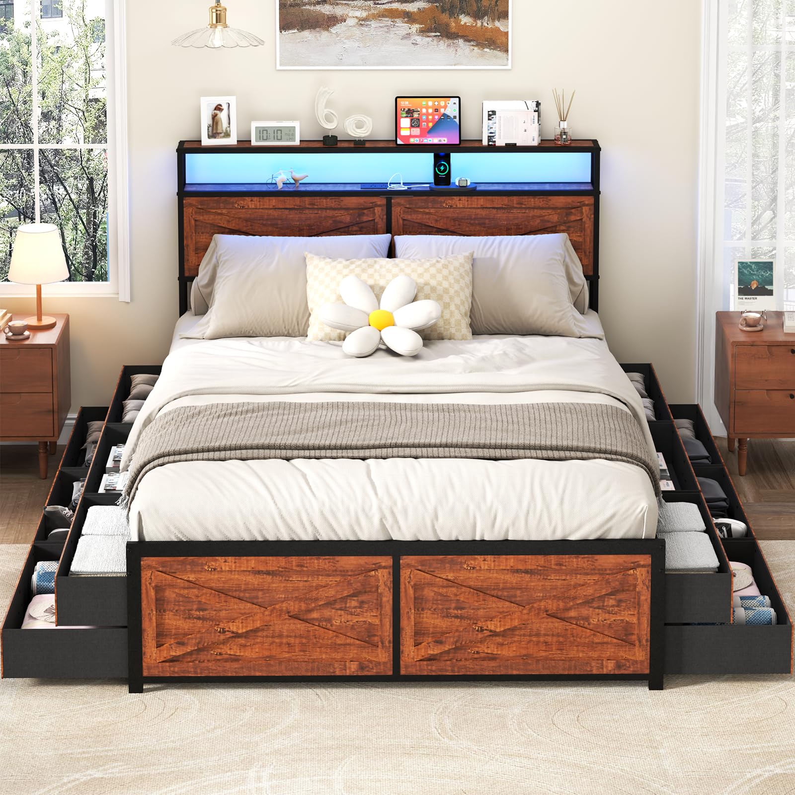 Queen Size Bed Frame with 12 Storage Drawers and LED Headboard