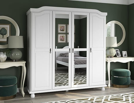 100% Solid Wood Kyle 4-Door Wardrobe Armoire Closet with Mirrored Doors