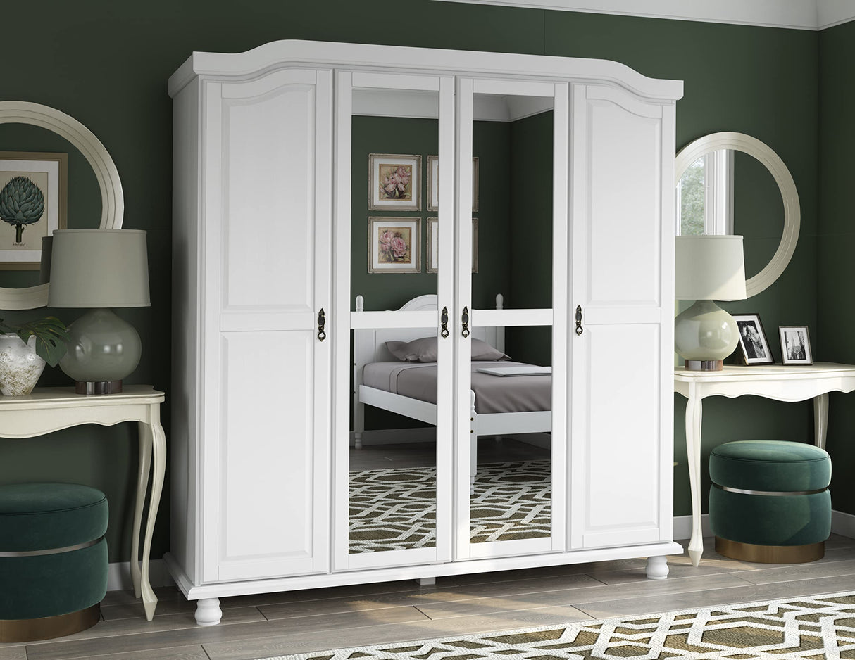 100% Solid Wood Kyle 4-Door Wardrobe/Armoire/Closet with Mirrors, White