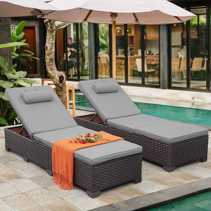 Brown Wicker Patio Chaise Lounge Chairs Set of 2 Outdoor Chaise Lounge Pool Lounge Chairs