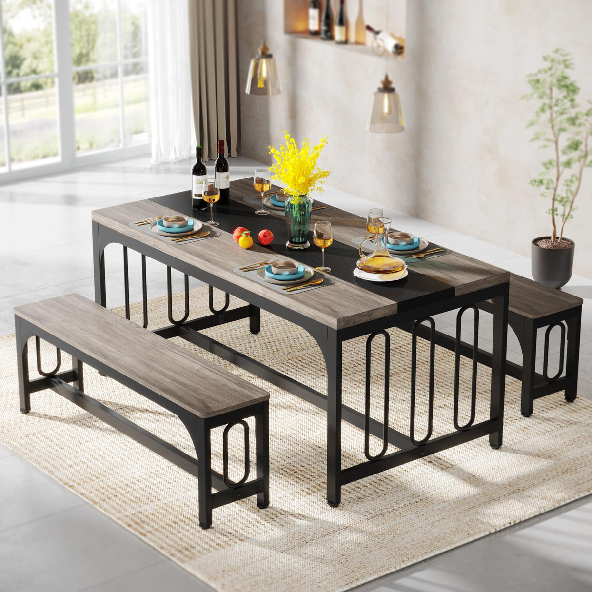 55 Inch Dining Table Set for 4-6, 3-Piece Kitchen Table with 2 Benches