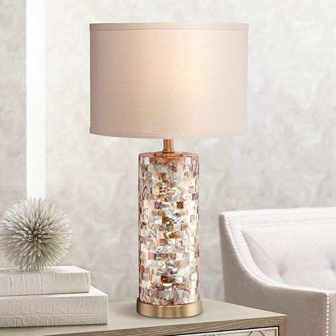 Margaret Coastal Accent Table Lamp 23" High Mother of Pearl Tile Cylinder Glass Cream