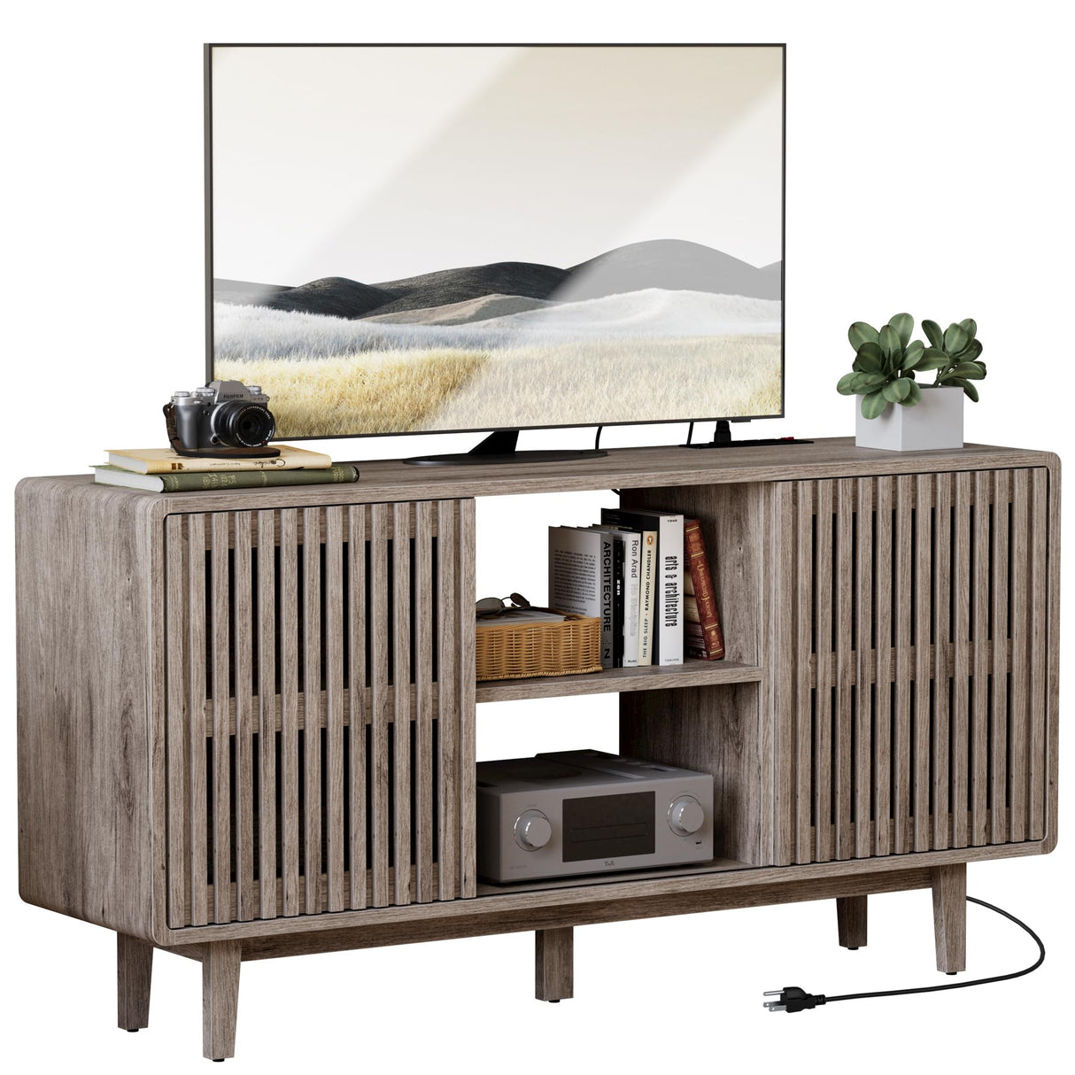 tV Stand for 55/60/65 inch TV, 30“Tall Entertainment Center with Power Outlets, Rustic