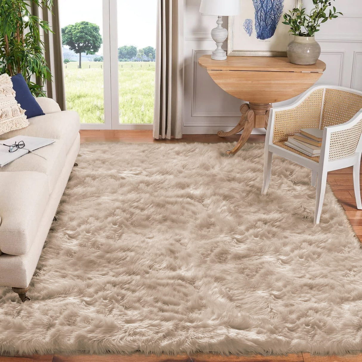 Goolela Area Rugs 8x10 Living Room Rugs Light Brown Beige Rug Washable Faux Fur Rug Fluffy Shag Rug Plush Rug Fuzzy Shaggy Rug for Large Bedroom Rug Home Decor Rectangle